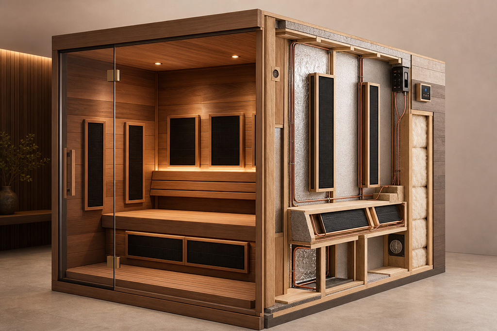 Infrared sauna panel, yalıtım ve elektrik sistemi kesiti