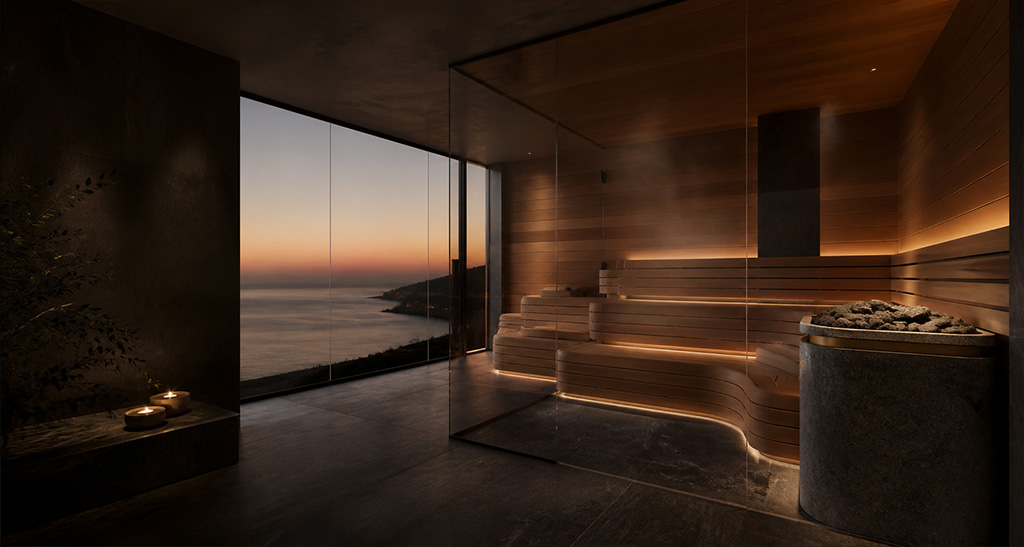 Doğal ahşap ve katmanlı oturma düzeniyle özel sauna tasarımı