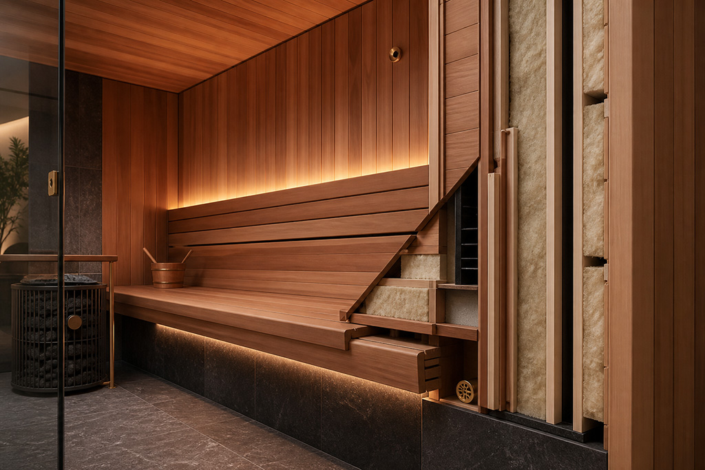 Sauna yalıtım, havalandırma ve oturma sistemi kesiti